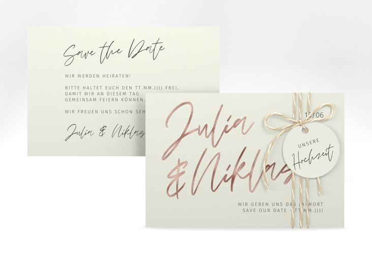 Save the Date-Karte Einfachheit A6 Karte quer rosegold mit modernem Schriftzug