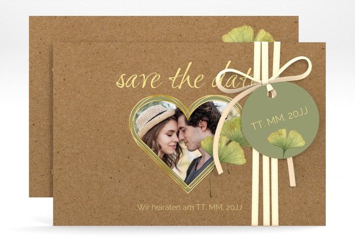 Save the Date-Karte Ginko A6 Karte quer gold mit Herz und zwei Ginkgo-Blättern