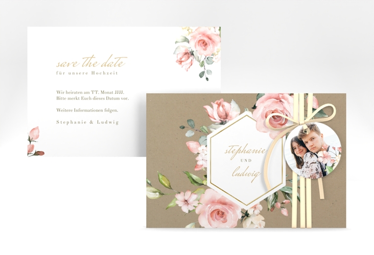 Save the Date-Karte Graceful A6 Karte quer gold mit Rosenblüten in Rosa und Weiß