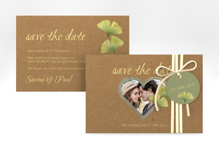 Save the Date-Karte Ginko A6 Karte quer silber mit Herz und zwei Ginkgo-Blättern