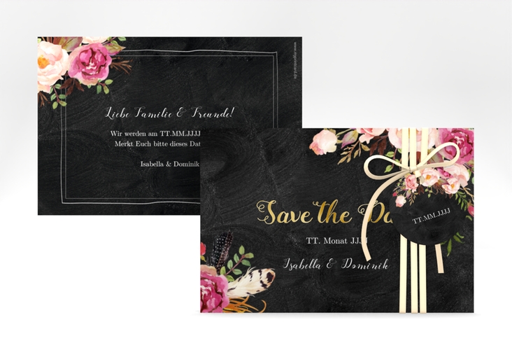 Save the Date-Karte Flowers A6 Karte quer gold mit bunten Aquarell-Blumen