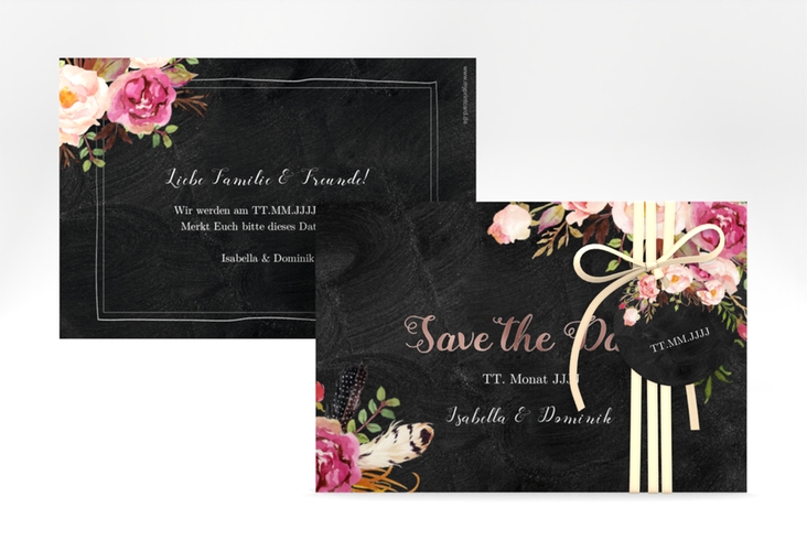 Save the Date-Karte Flowers A6 Karte quer rosegold mit bunten Aquarell-Blumen