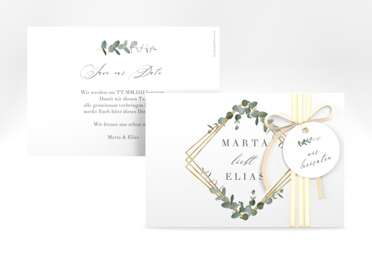 Save the Date-Karte Eukalyptus A6 Karte quer gold