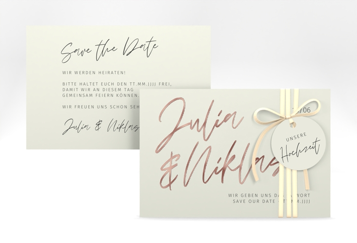 Save the Date-Karte Einfachheit A6 Karte quer rosegold mit modernem Schriftzug