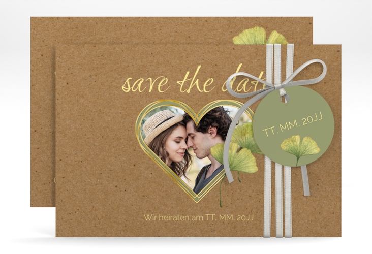 Save the Date-Karte Ginko A6 Karte quer gold mit Herz und zwei Ginkgo-Blättern