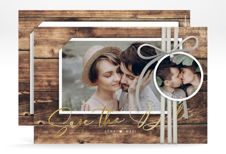 Save the Date-Karte Rustic A6 Karte quer gold in Holz-Optik mit Foto