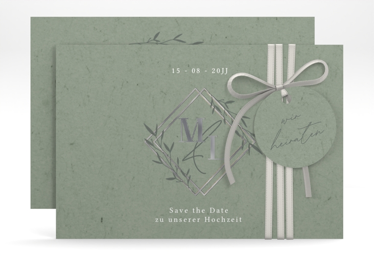 Save the Date-Karte Greenletter A6 Karte quer silber mit Initialen in elegantem Goldrahmen mit Blättern