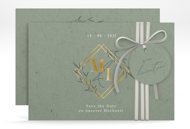 Save the Date-Karte Greenletter A6 Karte quer gold mit Initialen in elegantem Goldrahmen mit Blättern