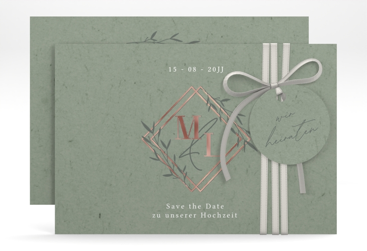 Save the Date-Karte Greenletter A6 Karte quer rosegold mit Initialen in elegantem Goldrahmen mit Blättern