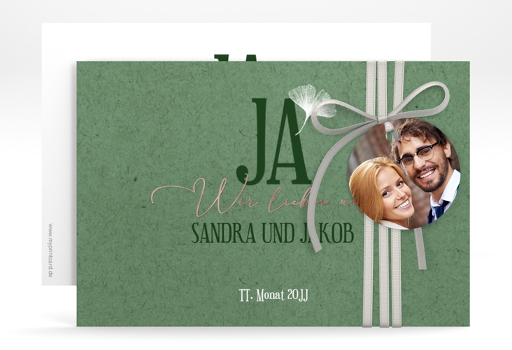 Save the Date-Karte Ja A6 Karte quer rosegold mit Ginkgo-Blatt