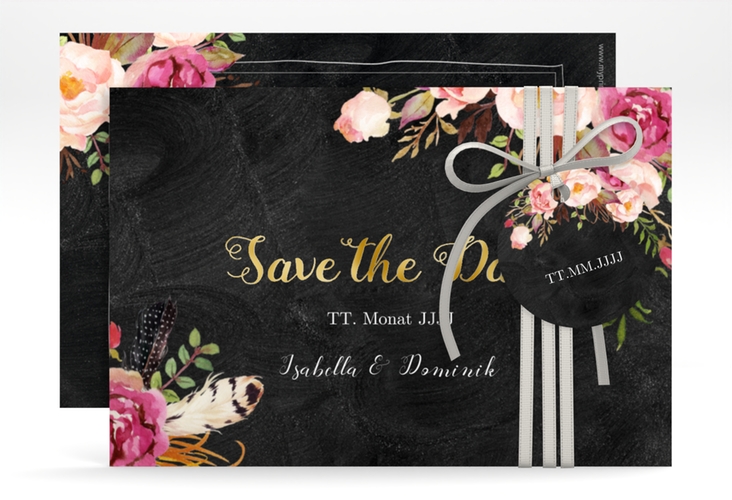 Save the Date-Karte Flowers A6 Karte quer gold mit bunten Aquarell-Blumen