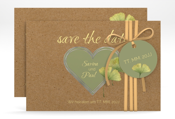 Save the Date-Karte Ginko A6 Karte quer silber mit Herz und zwei Ginkgo-Blättern