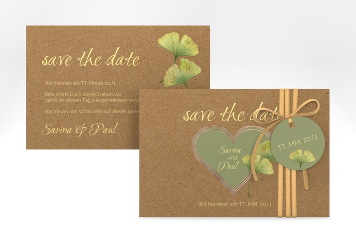 Save the Date-Karte Ginko A6 Karte quer rosegold mit Herz und zwei Ginkgo-Blättern