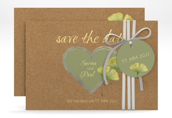 Save the Date-Karte Ginko A6 Karte quer silber mit Herz und zwei Ginkgo-Blättern