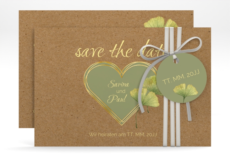 Save the Date-Karte Ginko A6 Karte quer gold mit Herz und zwei Ginkgo-Blättern