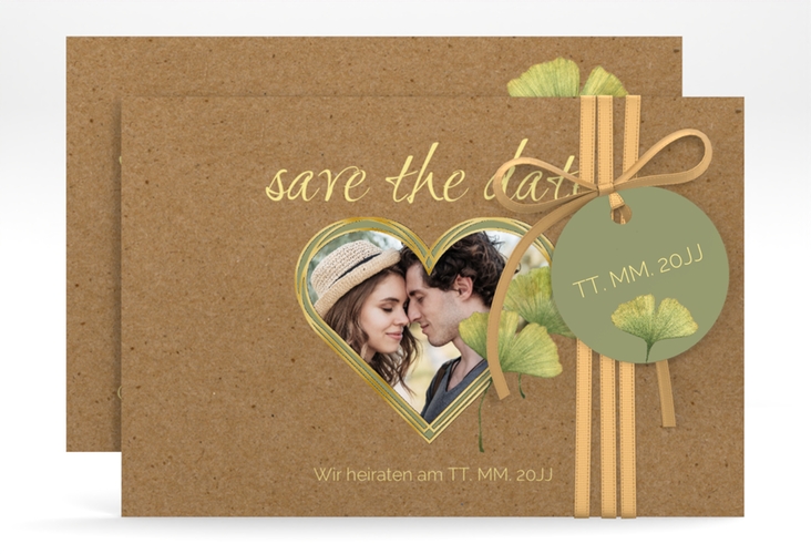 Save the Date-Karte Ginko A6 Karte quer gold mit Herz und zwei Ginkgo-Blättern