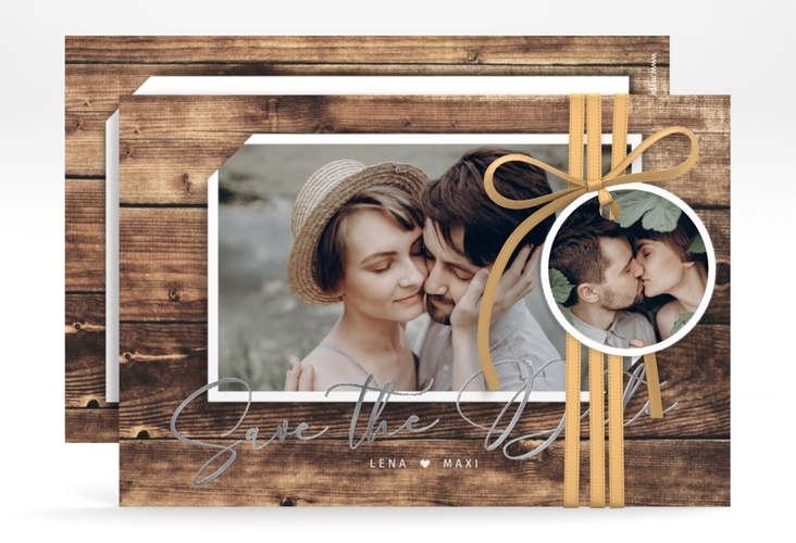 Save the Date-Karte Rustic A6 Karte quer silber in Holz-Optik mit Foto