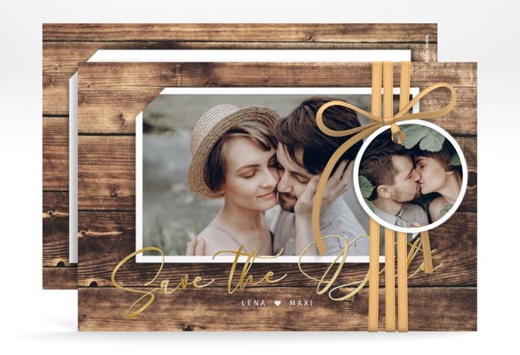 Save the Date-Karte Rustic A6 Karte quer gold in Holz-Optik mit Foto