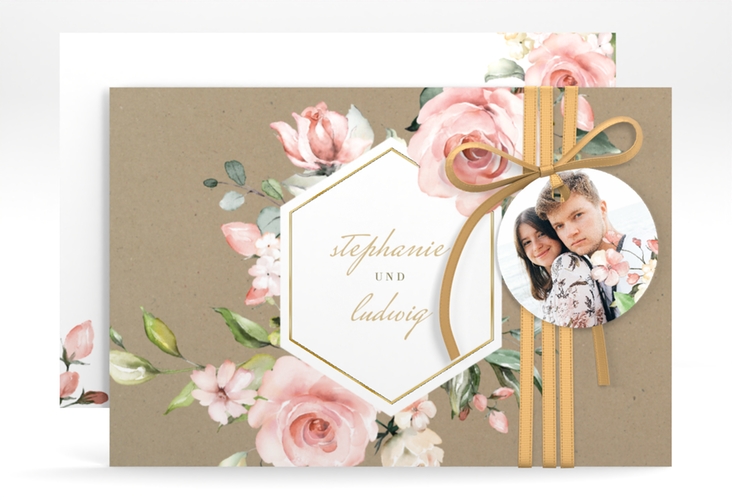 Save the Date-Karte Graceful A6 Karte quer gold mit Rosenblüten in Rosa und Weiß