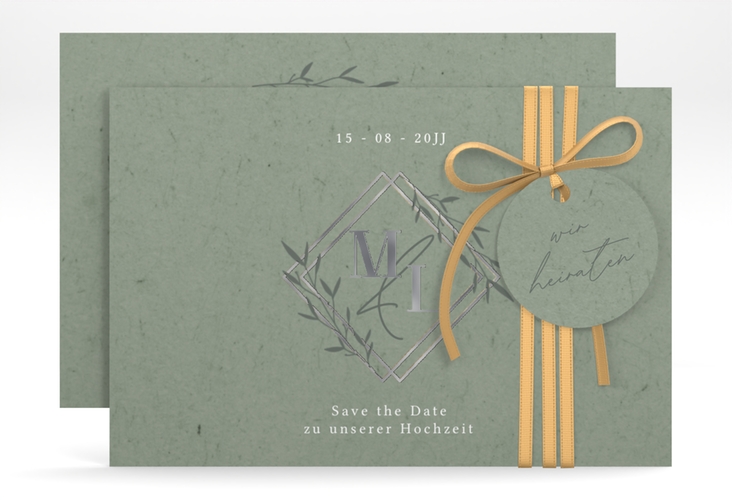 Save the Date-Karte Greenletter A6 Karte quer silber mit Initialen in elegantem Goldrahmen mit Blättern