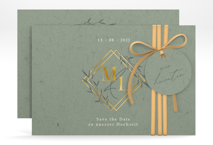 Save the Date-Karte Greenletter A6 Karte quer gold mit Initialen in elegantem Goldrahmen mit Blättern