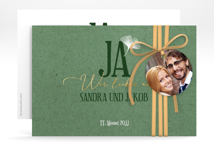 Save the Date-Karte Ja A6 Karte quer gold mit Ginkgo-Blatt