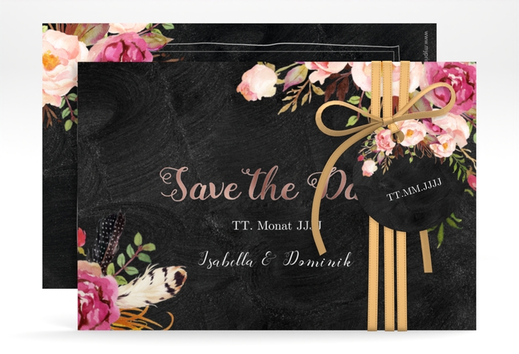 Save the Date-Karte Flowers A6 Karte quer rosegold mit bunten Aquarell-Blumen