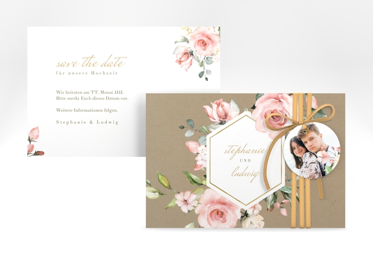 Save the Date-Karte Graceful A6 Karte quer gold mit Rosenblüten in Rosa und Weiß