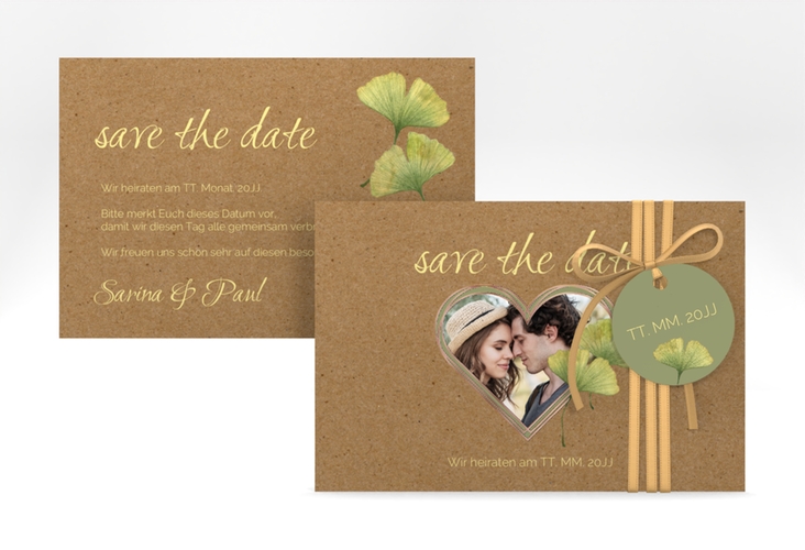 Save the Date-Karte Ginko A6 Karte quer rosegold mit Herz und zwei Ginkgo-Blättern