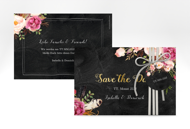 Save the Date-Karte Flowers A6 Karte quer gold mit bunten Aquarell-Blumen