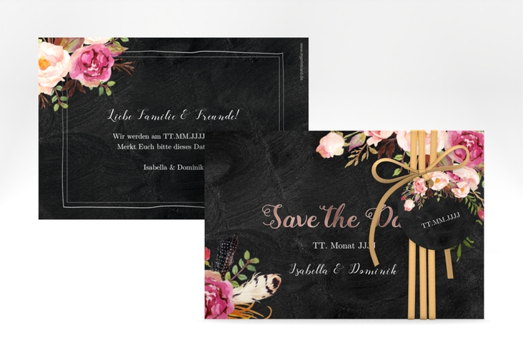 Save the Date-Karte Flowers A6 Karte quer rosegold mit bunten Aquarell-Blumen