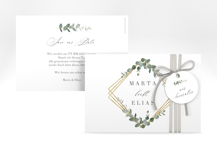 Save the Date-Karte Eukalyptus A6 Karte quer gold