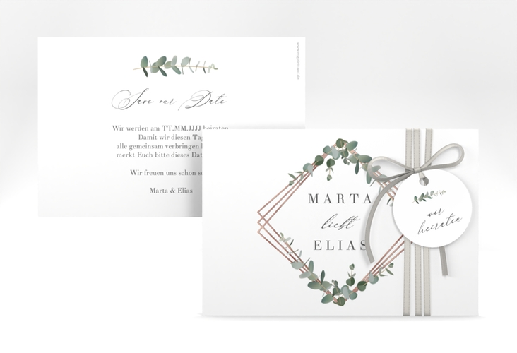 Save the Date-Karte Eukalyptus A6 Karte quer rosegold