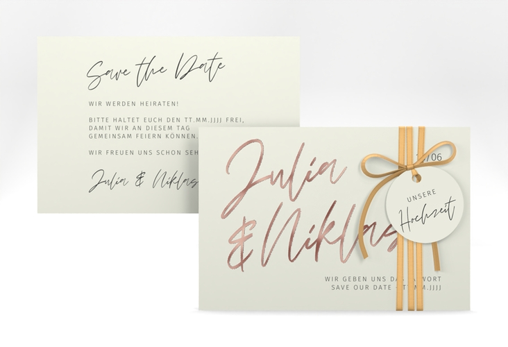 Save the Date-Karte Einfachheit A6 Karte quer rosegold mit modernem Schriftzug