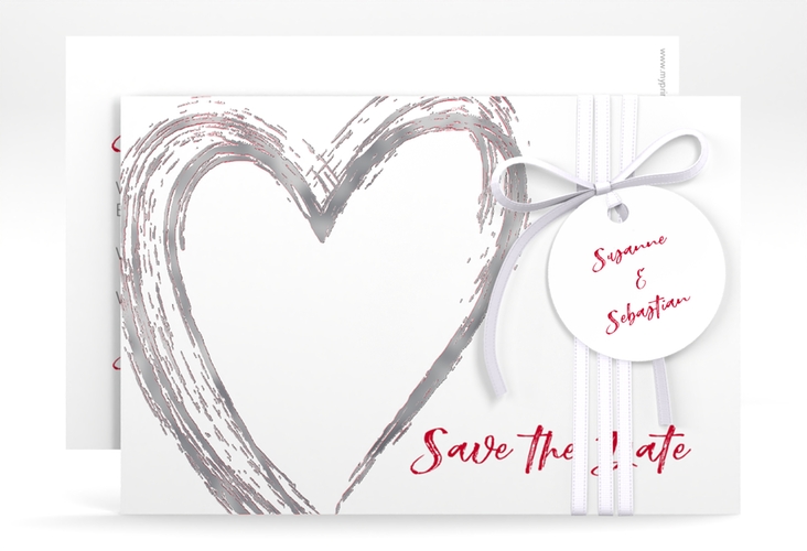 Save the Date-Karte Liebe A6 Karte quer rot silber