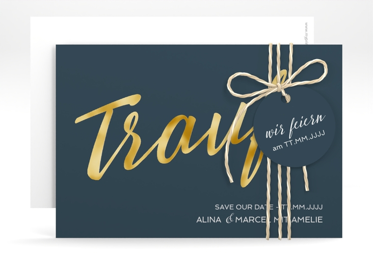 Save the Date-Karte Traufe A6 Karte quer blau gold