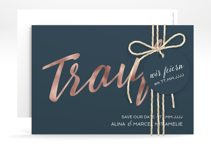 Save the Date-Karte Traufe A6 Karte quer blau rosegold