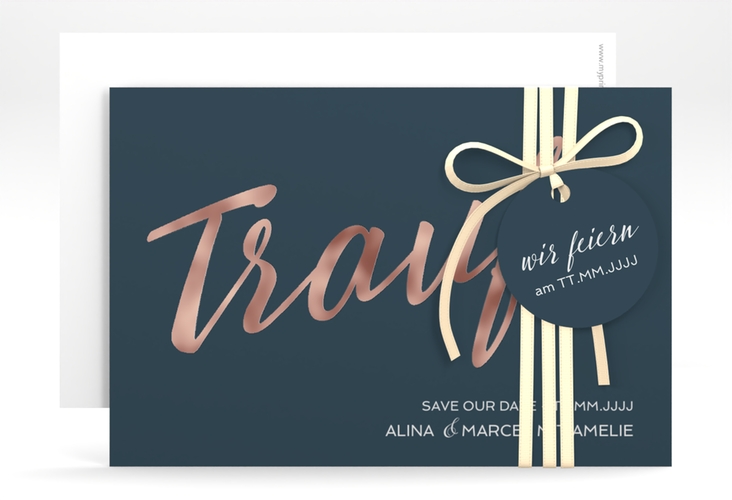 Save the Date-Karte Traufe A6 Karte quer blau rosegold