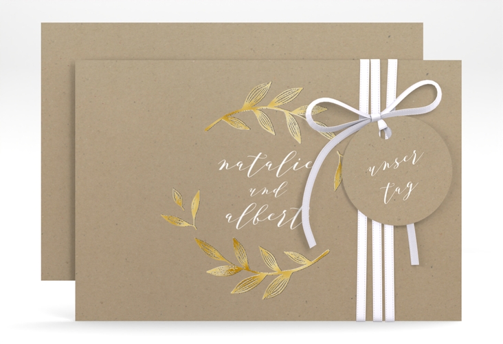 Save the Date-Karte Naturelove A6 Karte quer weiss gold in Kraftpapier-Optik mit Blattzeichnung