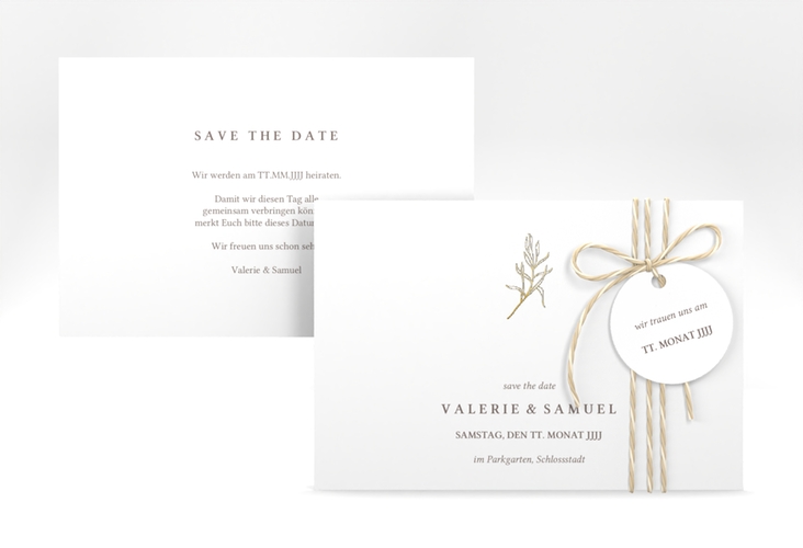 Save the Date-Karte Ivy A6 Karte quer weiss gold minimalistisch mit kleiner botanischer Illustration