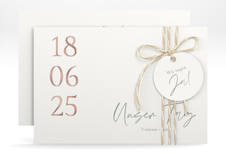 Save the Date-Karte Day A6 Karte quer weiss rosegold mit Datum im minimalistischen Design