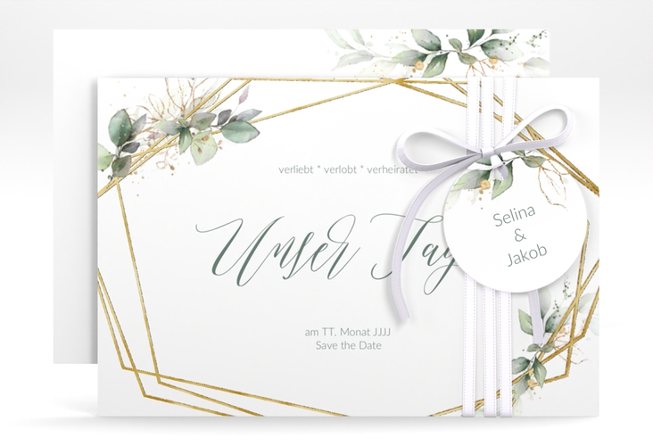 Save the Date-Karte Greenish A6 Karte quer gruen gold