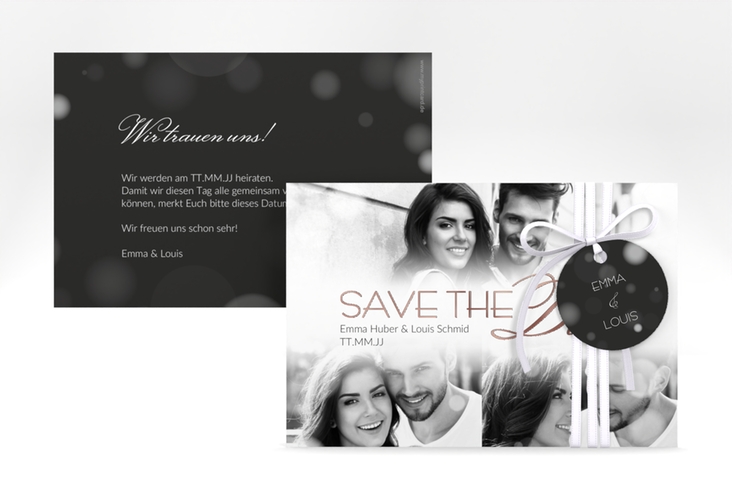 Save the Date-Karte Bokeh A6 Karte quer weiss rosegold