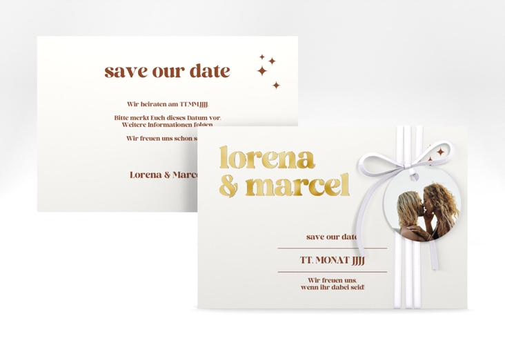 Save the Date-Karte Retro A6 Karte quer weiss gold