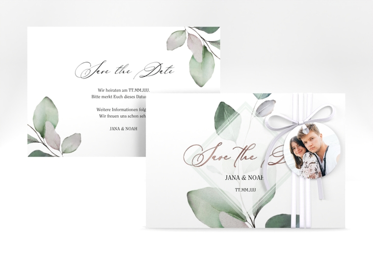 Save the Date-Karte Foglia A6 Karte quer weiss rosegold edel mit Eukalyptus im Aquarell-Design