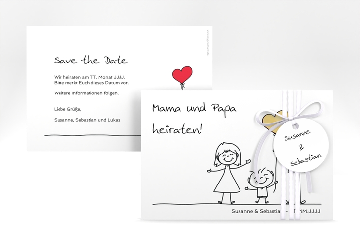 Save the Date-Karte Family A6 Karte quer weiss gold