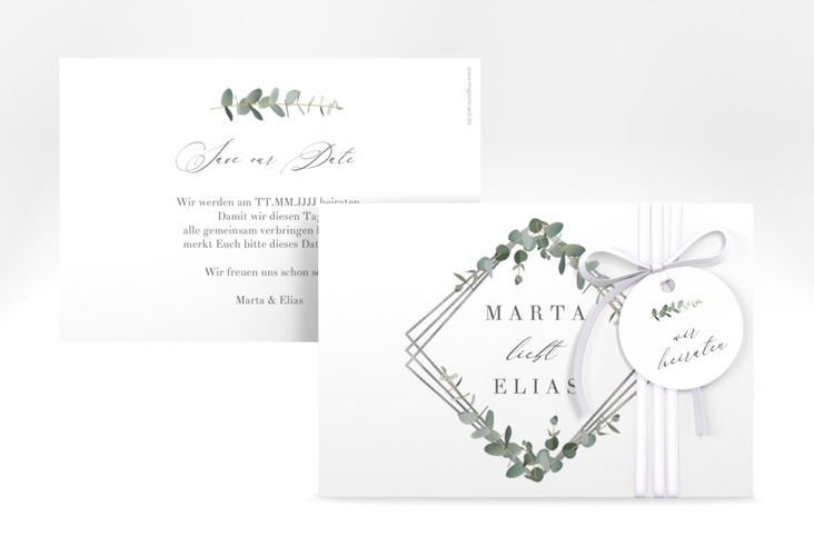 Save the Date-Karte Eukalyptus A6 Karte quer weiss silber