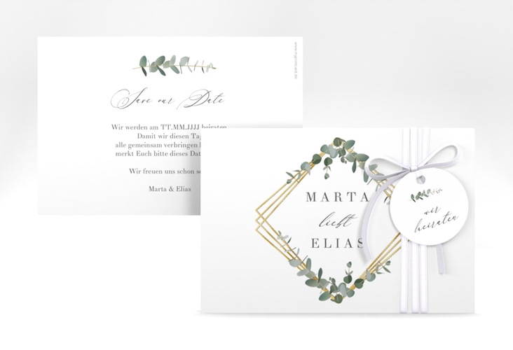 Save the Date-Karte Eukalyptus A6 Karte quer weiss gold