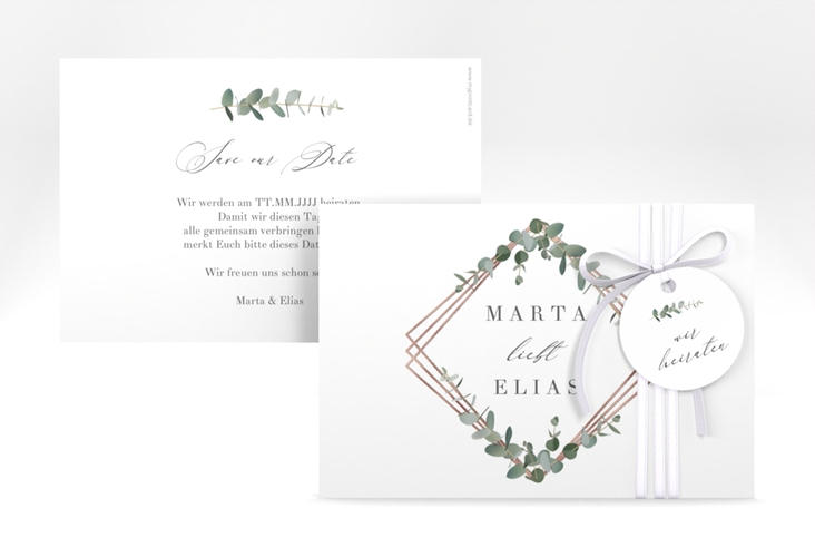 Save the Date-Karte Eukalyptus A6 Karte quer weiss rosegold