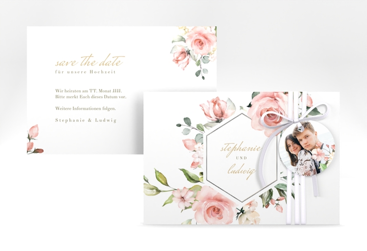 Save the Date-Karte Graceful A6 Karte quer weiss silber mit Rosenblüten in Rosa und Weiß